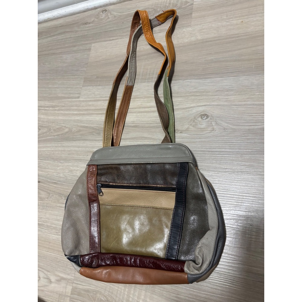 Vintage Patchwork Leather Shoulder Bag Multicolor Boho Multi-Pocket Tote